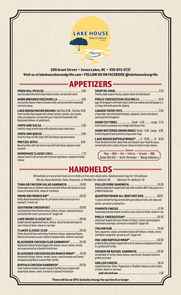 The Lake House Bar & Grille Lake House Menu, Food & Appetizers